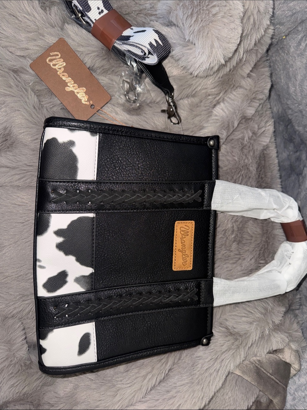 Wrangler Black Handbag with White Cow-Print Accent